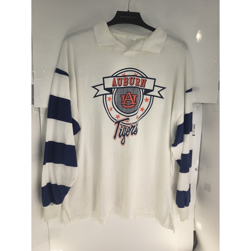 Auburn Tigers Shirt Mens L White Long Sleeve Polo Stripe Sleeve NCAA Vintage